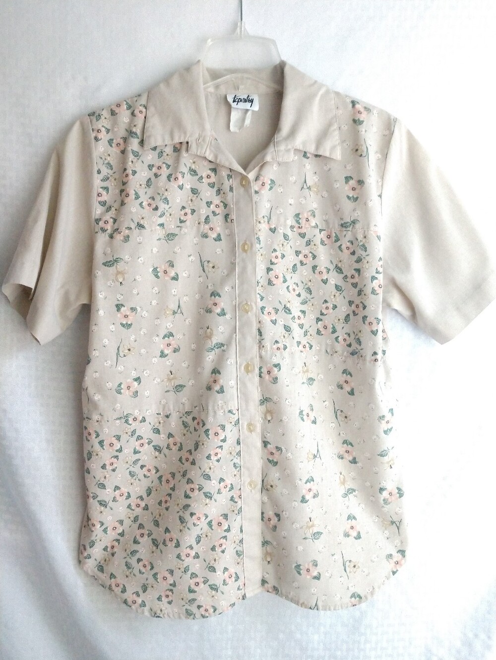 Vintage Tapestry Floral Camp Shirt Short Sleeve Beige Cottagecore USA Small